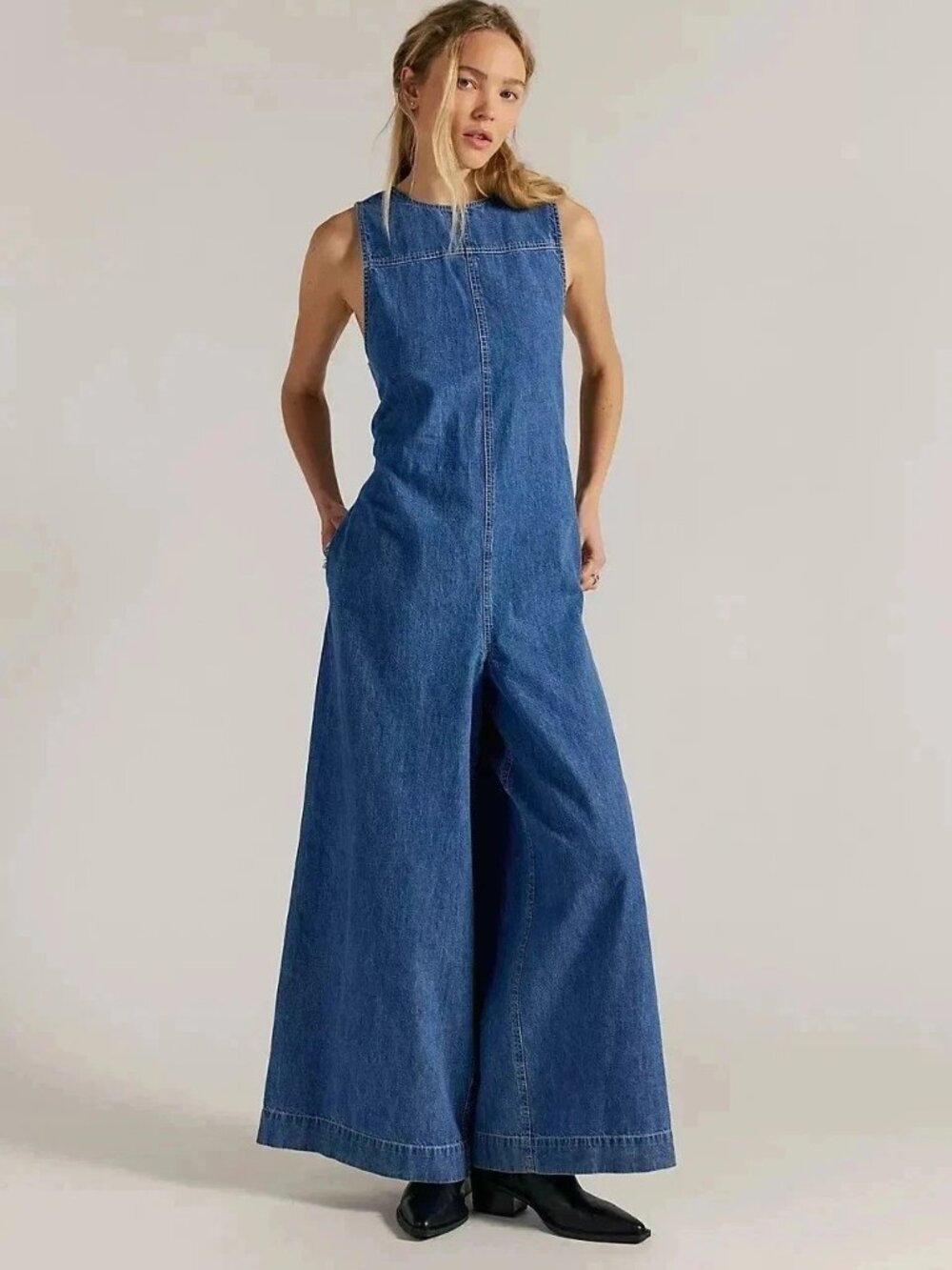 Free People We The Free Do No Wrong Jumpsuit Wide Leg Denim Cotton L 290344